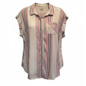 True Craft 1X Linen Blend Striped Button Front Shirt | Gold Lurex